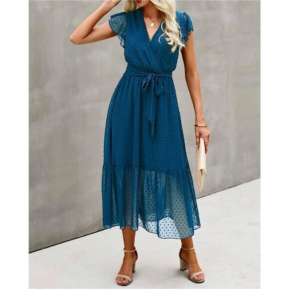 NEW Boho Wrap V Neck Ruffle Cap Sleeve Swiss Dot S NO BELT - Picture 2 of 6